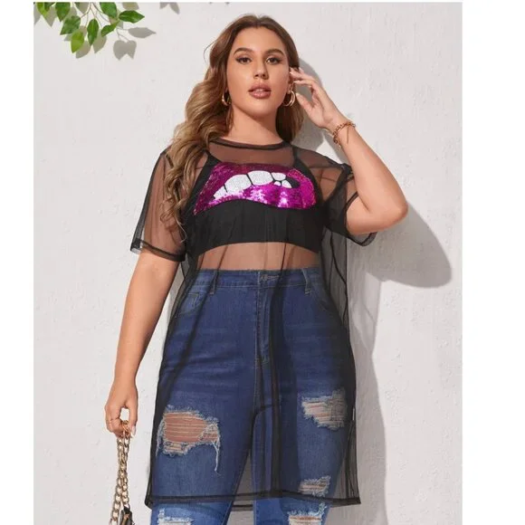 Shein Curve Unity Plus Black Mesh Pink Sequin Tunic Top Sheer 4X - Picture 1 of 11